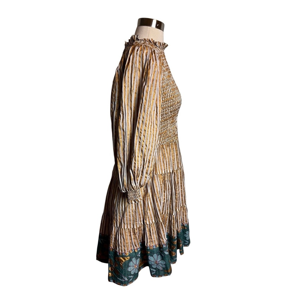 OLIPHANT Dress S Smocked High Neck Mini Gold Striped Block Print Balloon Sleeve - Picture 2 of 8